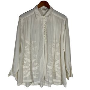 VTG Oversized White Embroidered Blouse Button Rayon Cotton Women’s Medium Boho